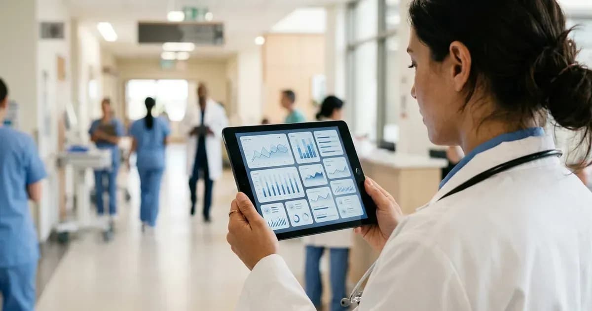 Doctor reviewing a patient data dashboard on a tablet in a hospital corridor
