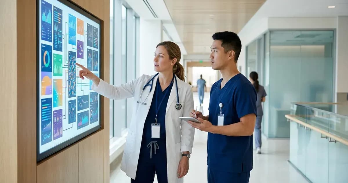 Ärztin und Pflegekraft prüfen vernetzte Patientendaten auf einem Wanddisplay im Krankenhaus