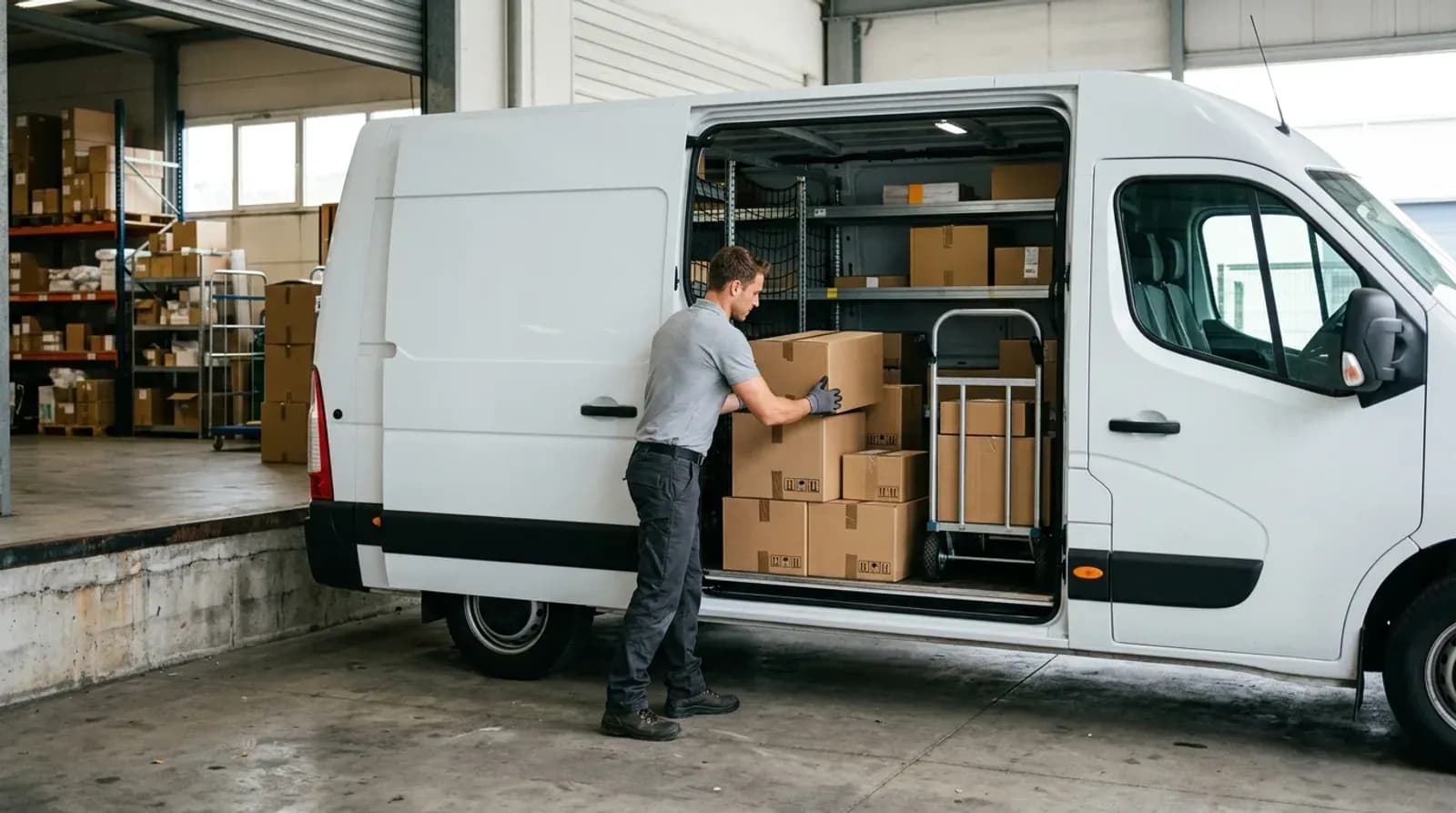 A driver loading parcels into a white cargo van at a loading bay