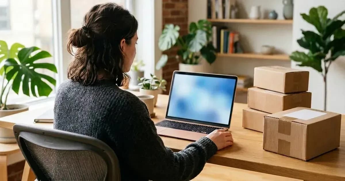 Unternehmer am Schreibtisch im Homeoffice mit versandfertigen Paketen