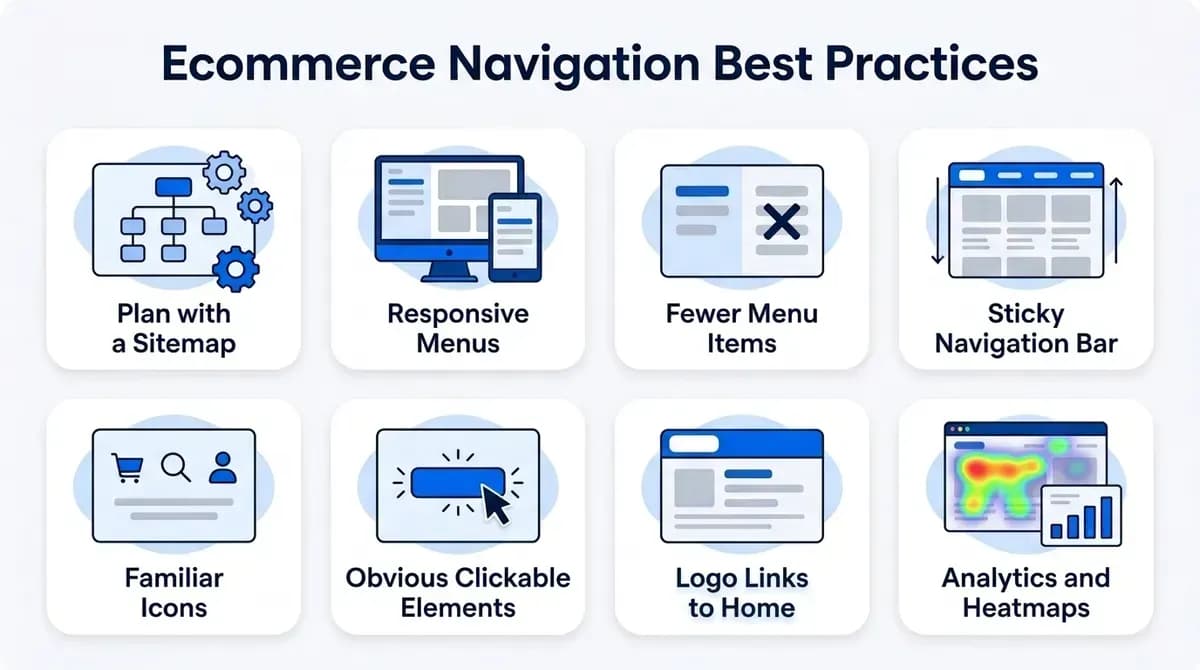 Ecommerce navigation best practices: plan with a sitemap, responsive menus, fewer menu items, sticky navigation bar, familiar icons, obvious clickable elements, logo links to home, analytics and heatmaps