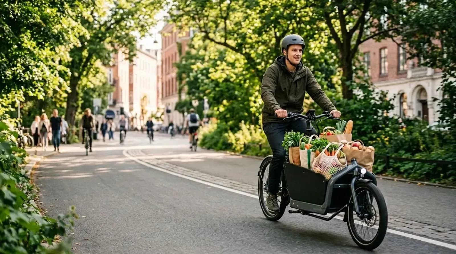 Courier delivering groceries on an electric cargo bike