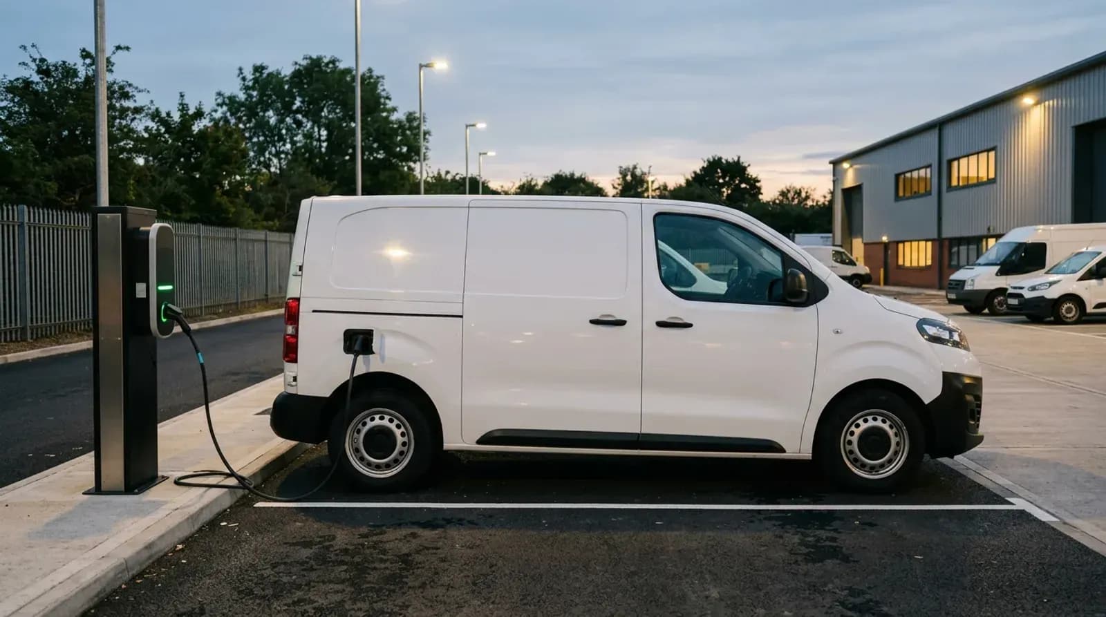A white electric cargo van charging at a depot at dusk