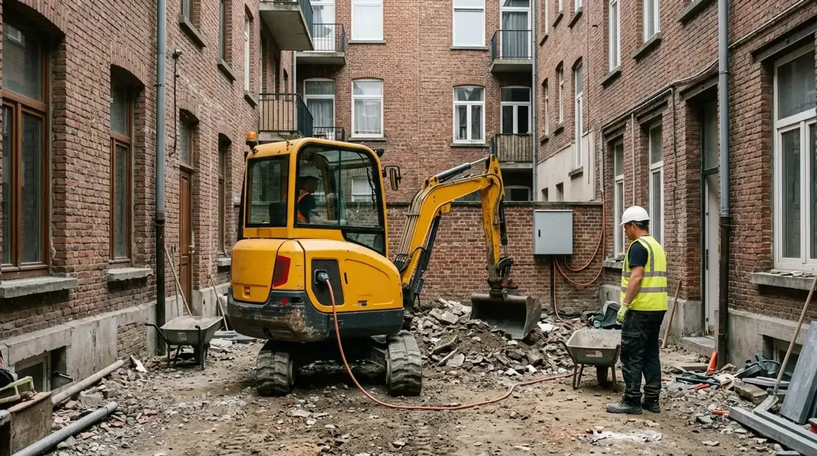 Electric mini excavator working on an urban building site