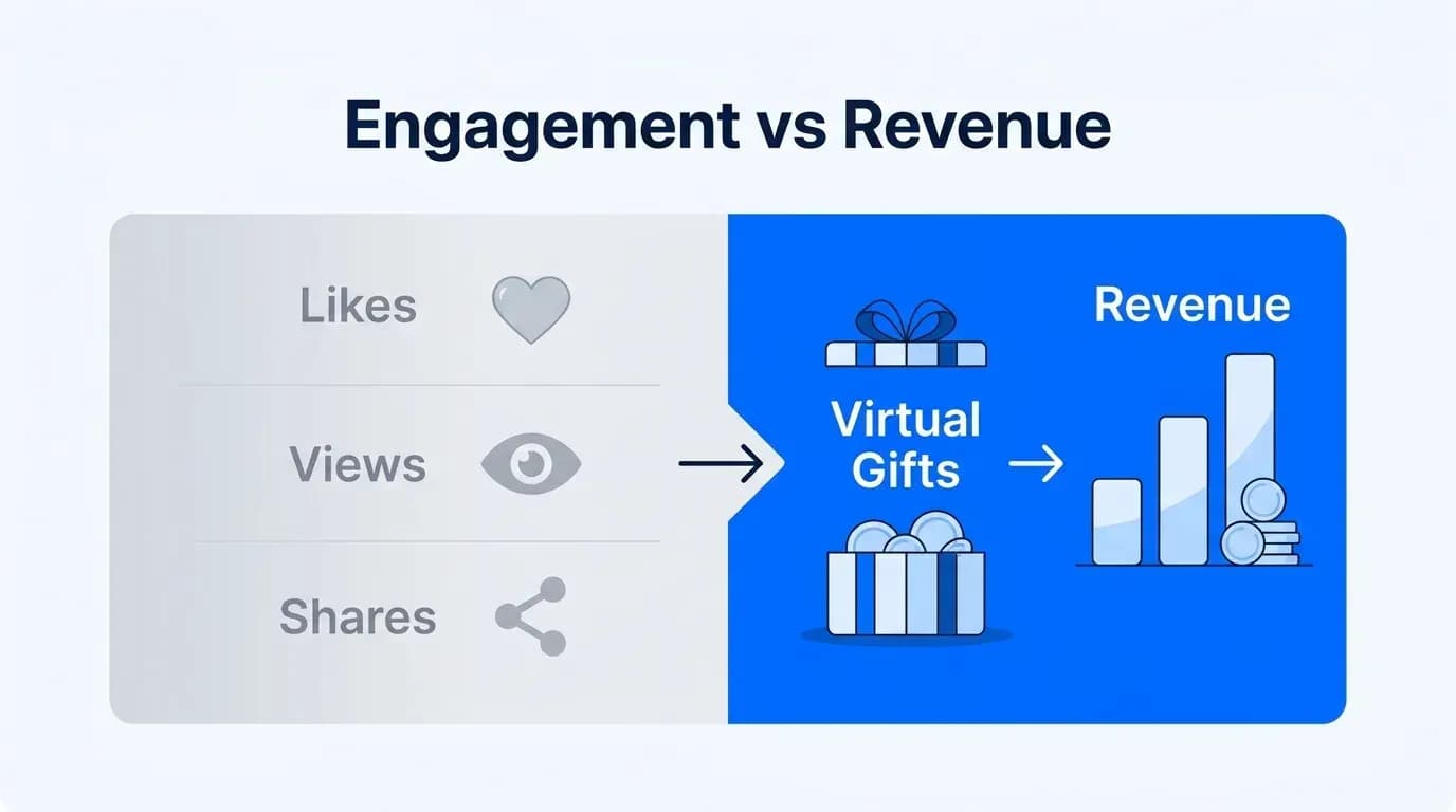 Engagement vs revenue: likes, views and shares on one side, virtual gifts turning into revenue on the other