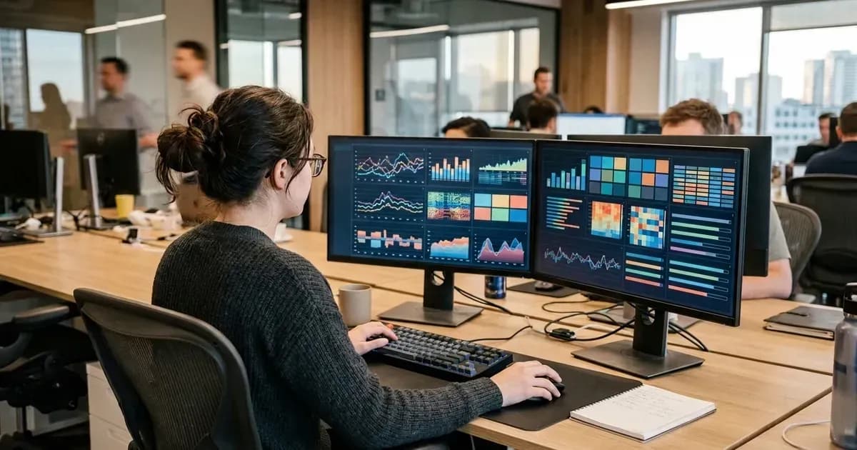 Ein Entwickler prüft Dashboards zur Datenbank-Performance auf zwei Monitoren