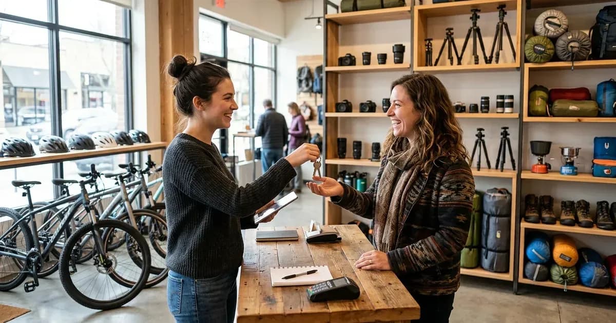 Entrepreneur handing rental keys to a customer at a rental shop