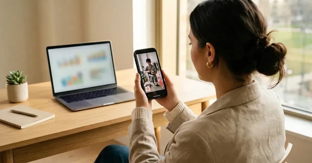 Une entrepreneuse regarde sur son téléphone un fil de vidéos courtes avec achats et likes