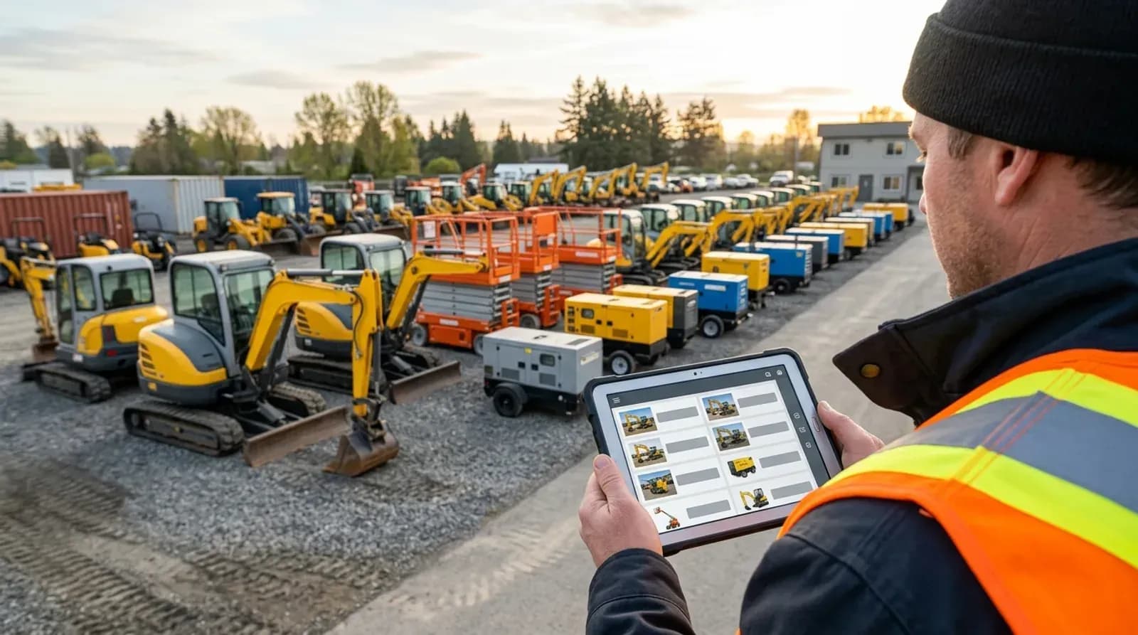 Equipment rental yard manager checking inventory on a tablet