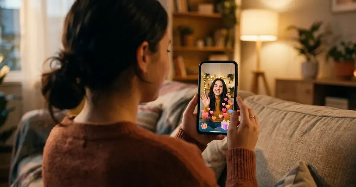 Un fan mira la transmisión en vivo de un creador mientras regalos virtuales flotan por la pantalla