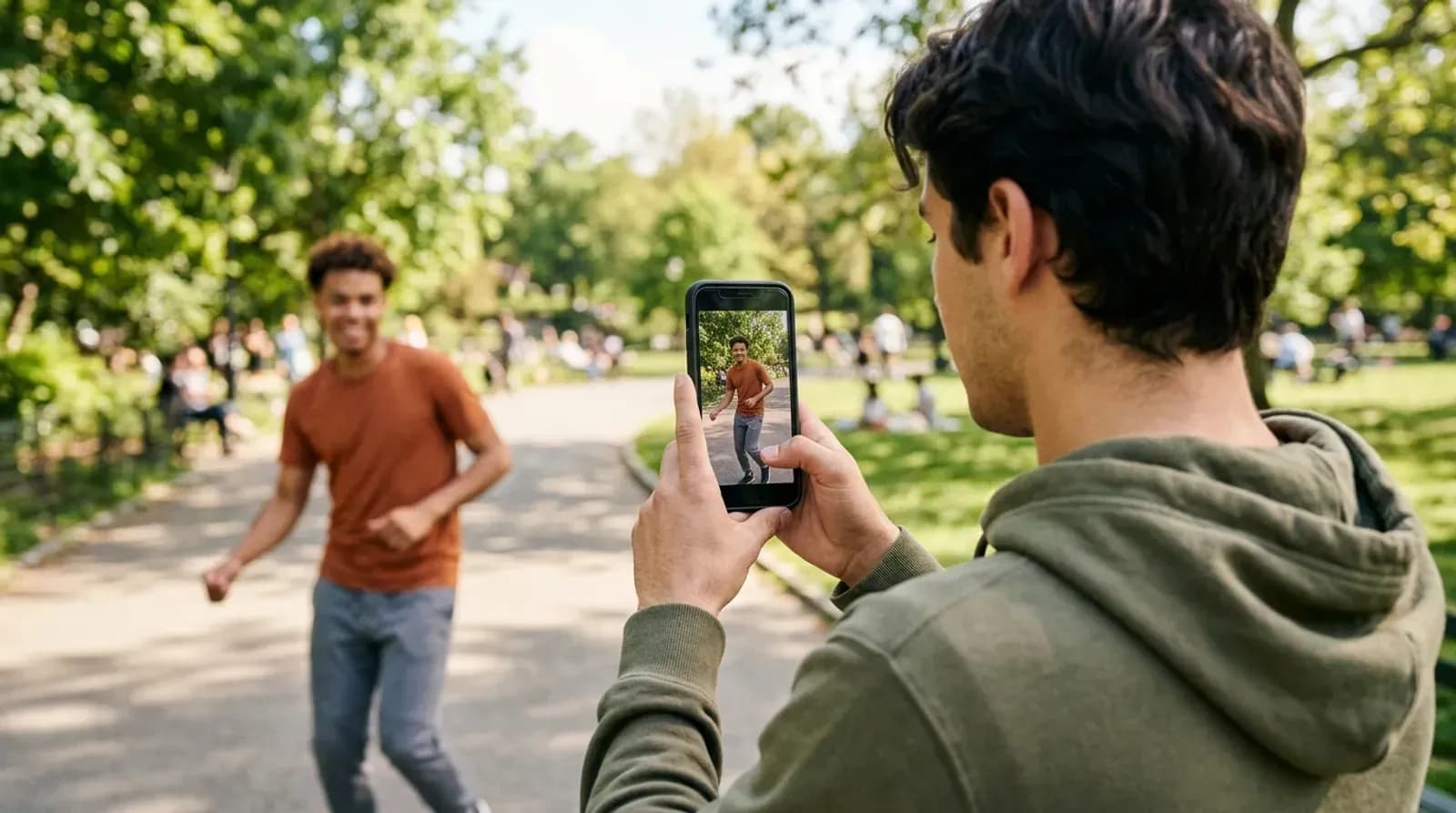 Filming a friend dancing on a phone held upright for a short video