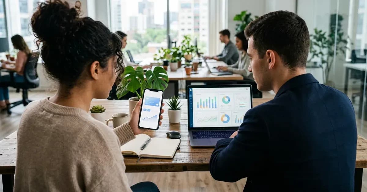 Zwei Gründer prüfen eine Bezahl-App auf einem Smartphone und ein Dashboard auf einem Laptop
