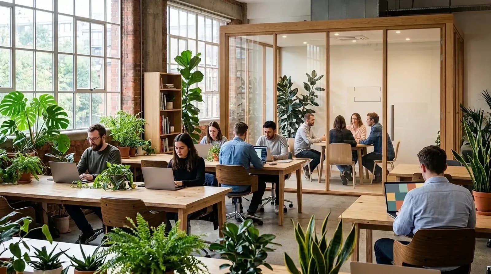 Flexible coworking office space with open desks and a glass meeting room