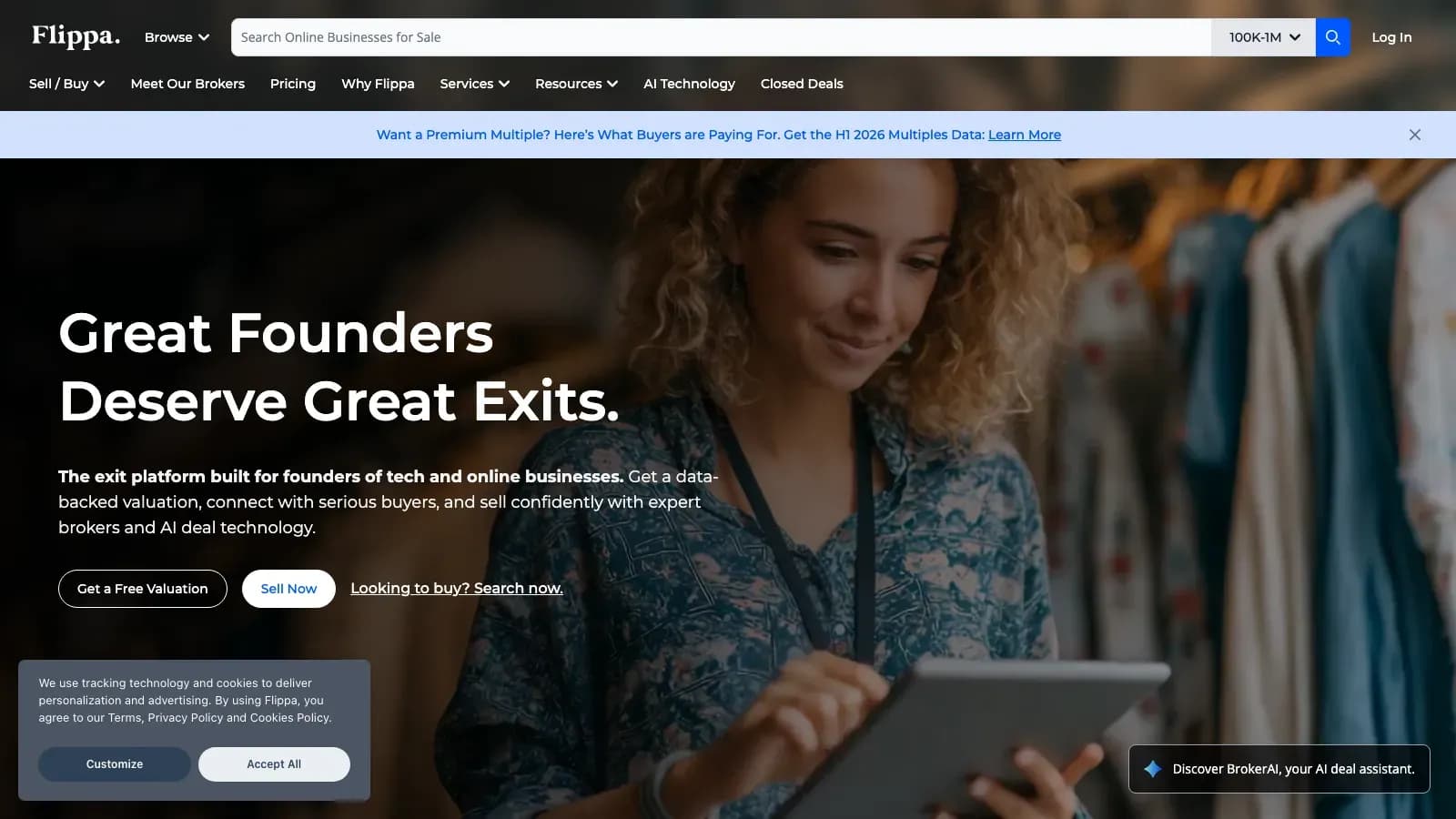Flippa home page, a marketplace for buying and selling online businesses, websites, apps and domains
