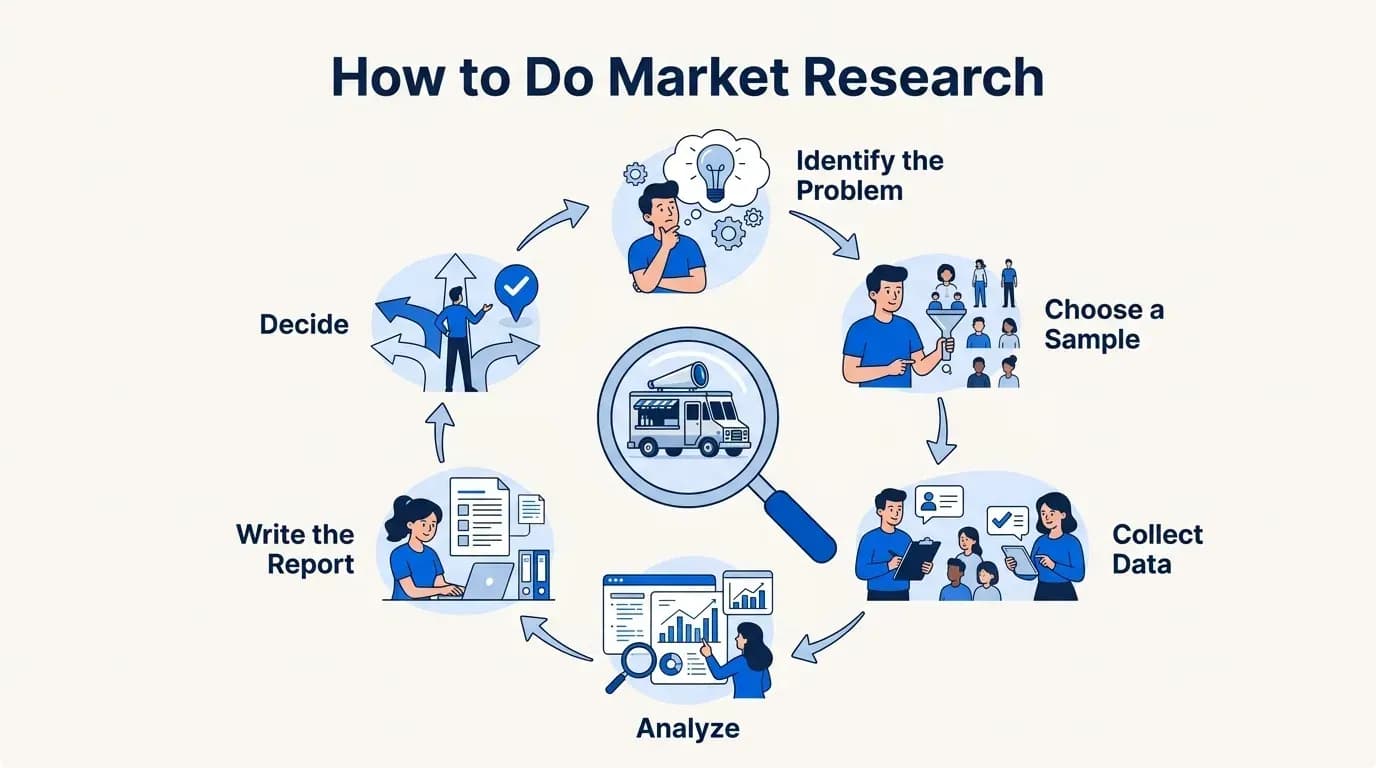 How to do market research: identify the problem, choose a sample, collect data, analyze, write the report, decide