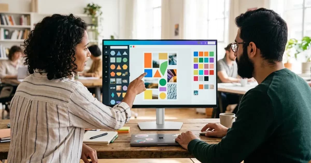Founder and designer reviewing a drag-and-drop design editor on a large monitor