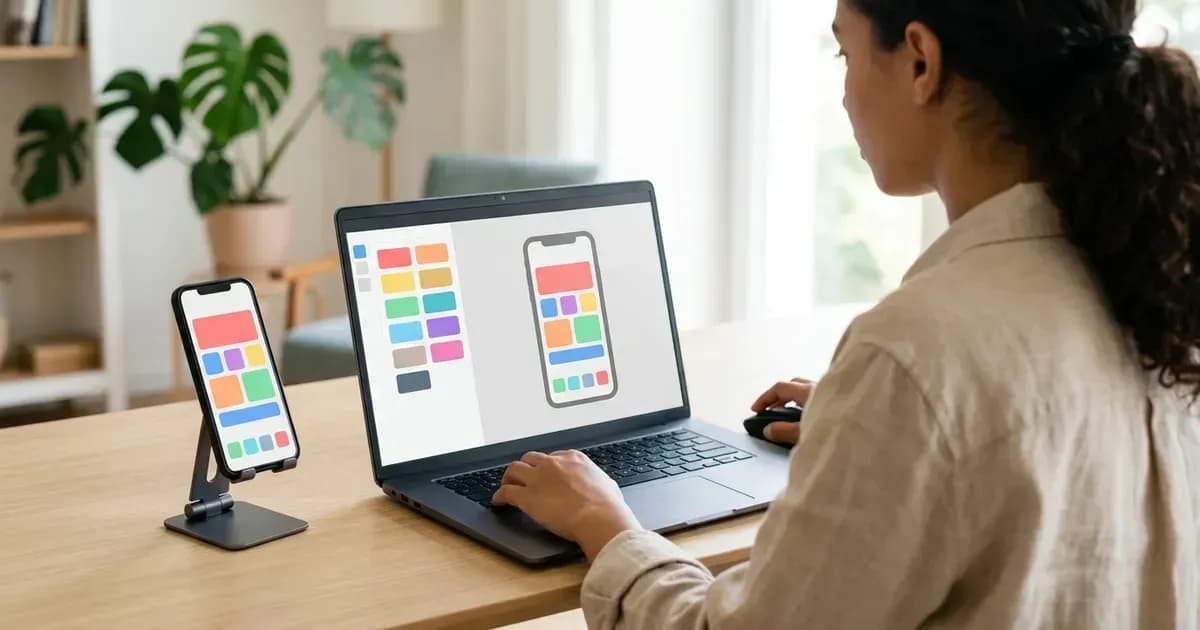 Um fundador criando um MVP mobile-first em um construtor de apps de arrastar e soltar