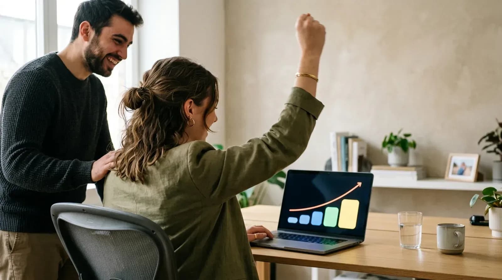 Founder celebrating the public launch of her app at her desk
