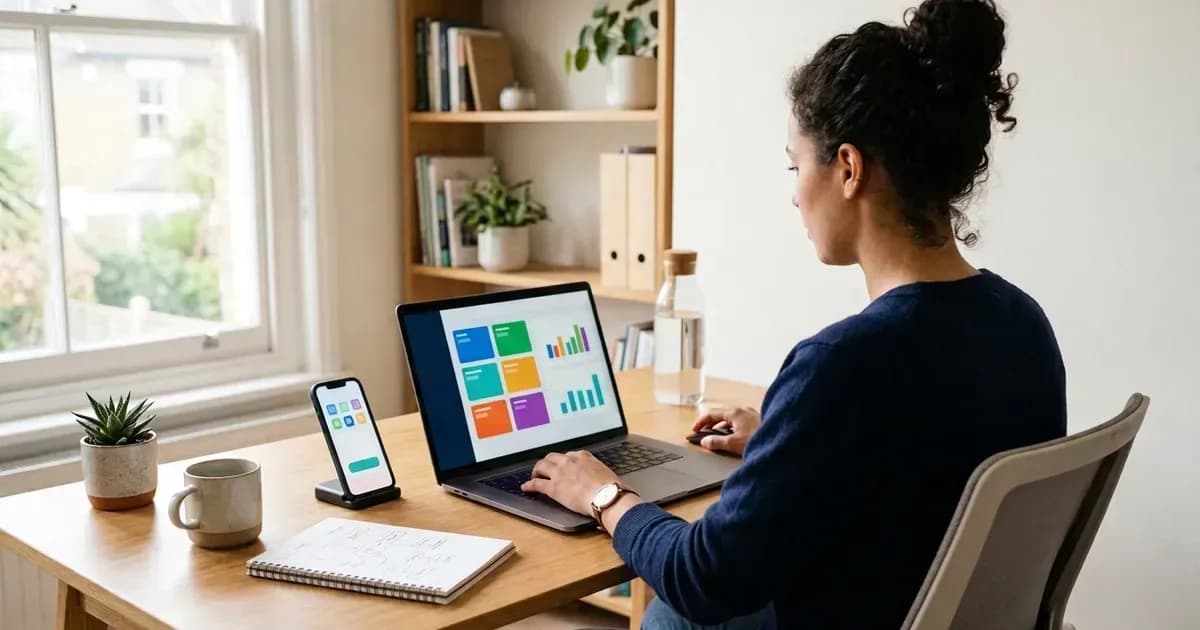 Gründer startet eine App vom Schreibtisch im Homeoffice aus, mit Laptop und Smartphone