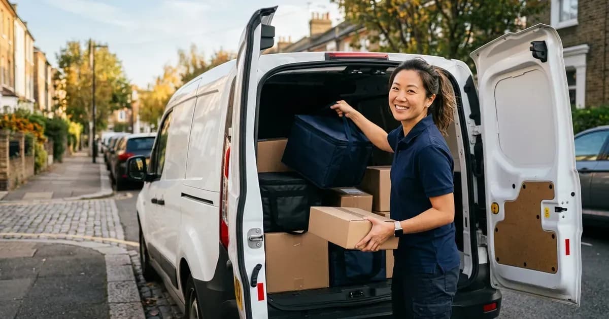 Delivery business founder loading parcels and insulated bags into a van