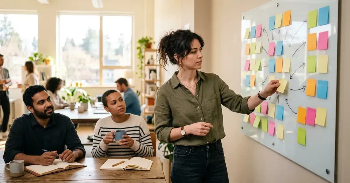 Ein Gründer bespricht MVP-Feedback mit dem Team an einem Whiteboard