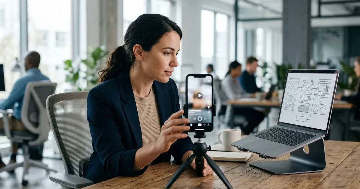 Founder reviewing a short video app prototype on a phone and laptop
