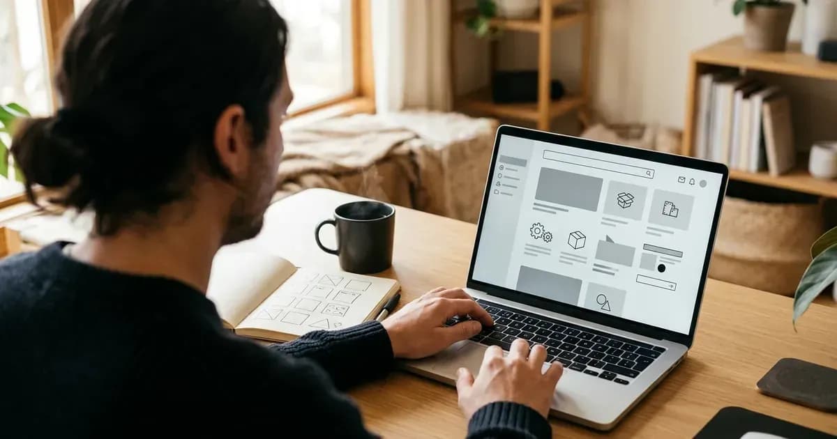 Um fundador analisando um MVP em wireframe em um notebook