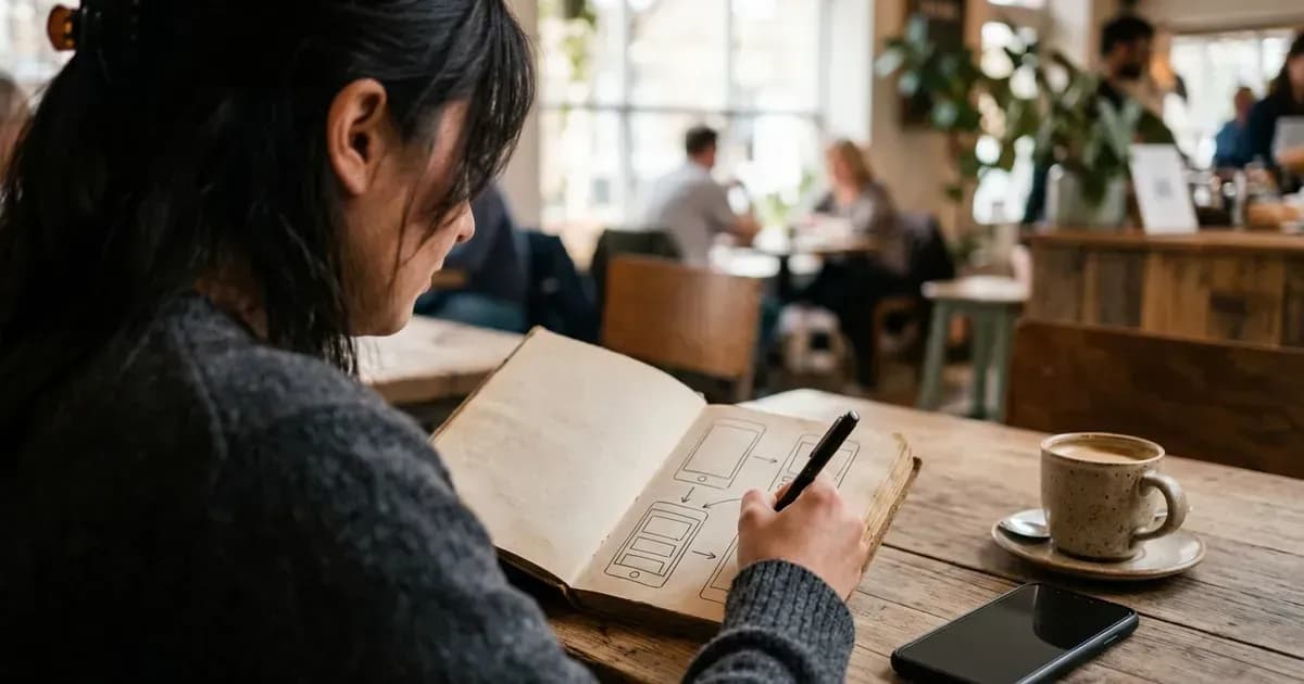 Ein Gründer skizziert Wireframes für App-Screens in einem Notizbuch