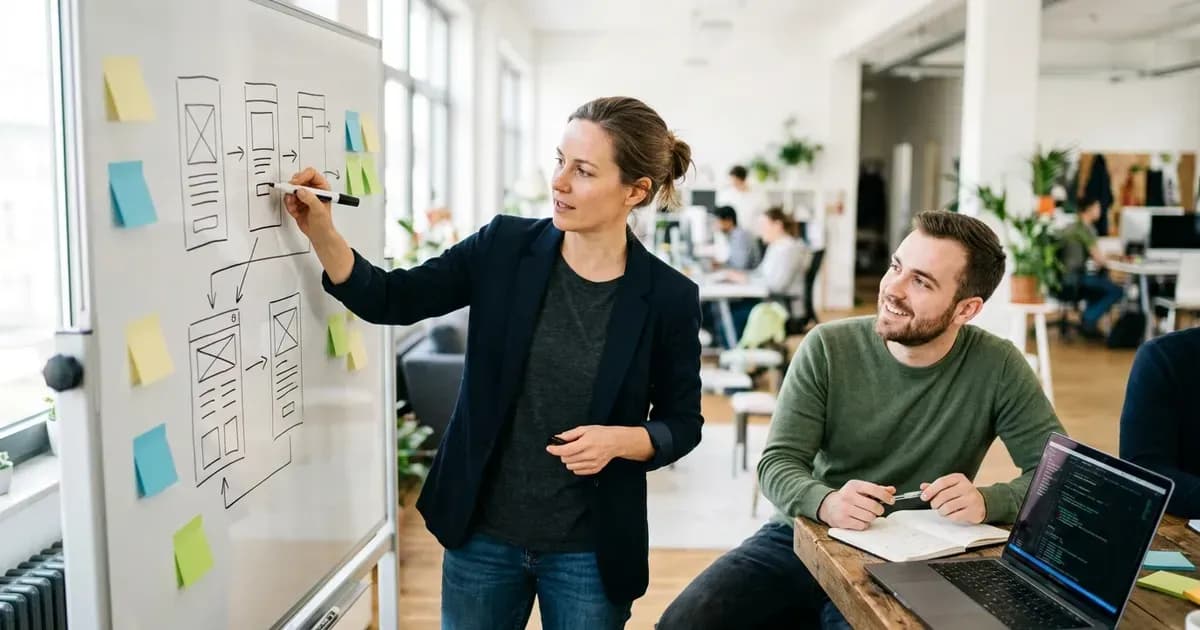Um fundador desenhando wireframes de um app em um quadro branco ao lado de um desenvolvedor
