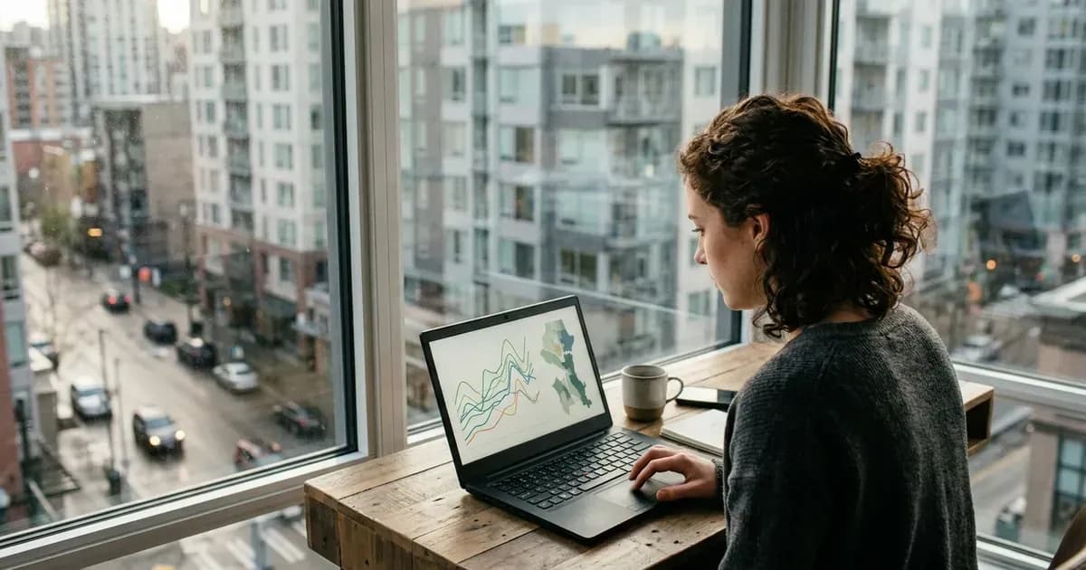 Gründer betrachtet Mietmarkt-Diagramme und einen Stadtplan auf einem Laptop