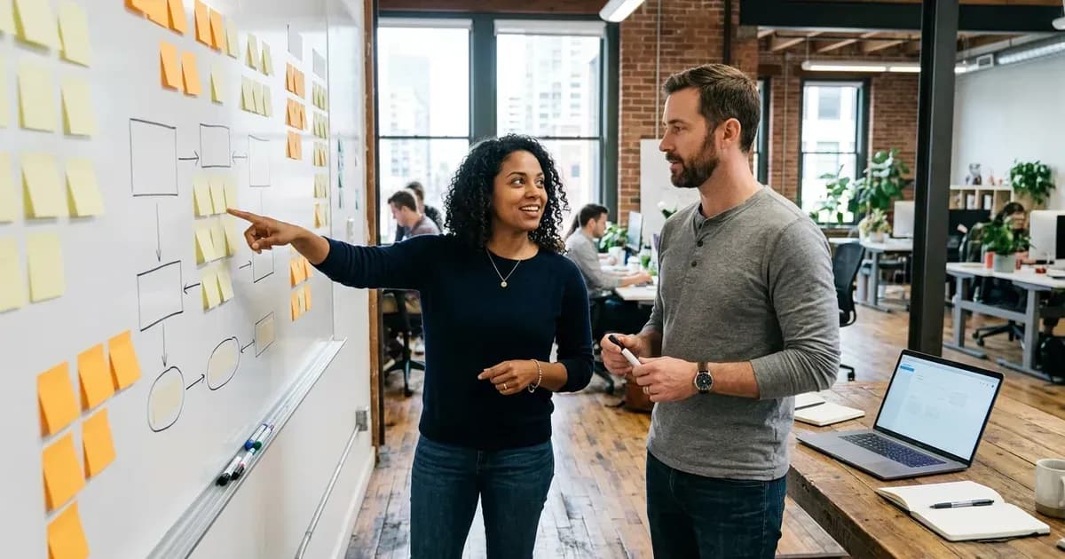 Two startup founders planning their software product at a whiteboard