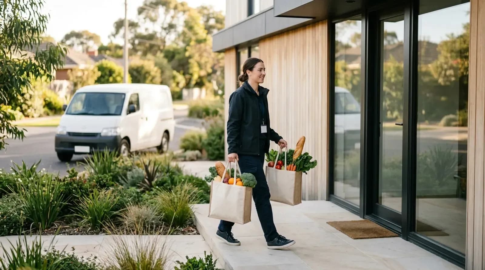 A delivery driver carrying two bags of fresh groceries to the front door of a house