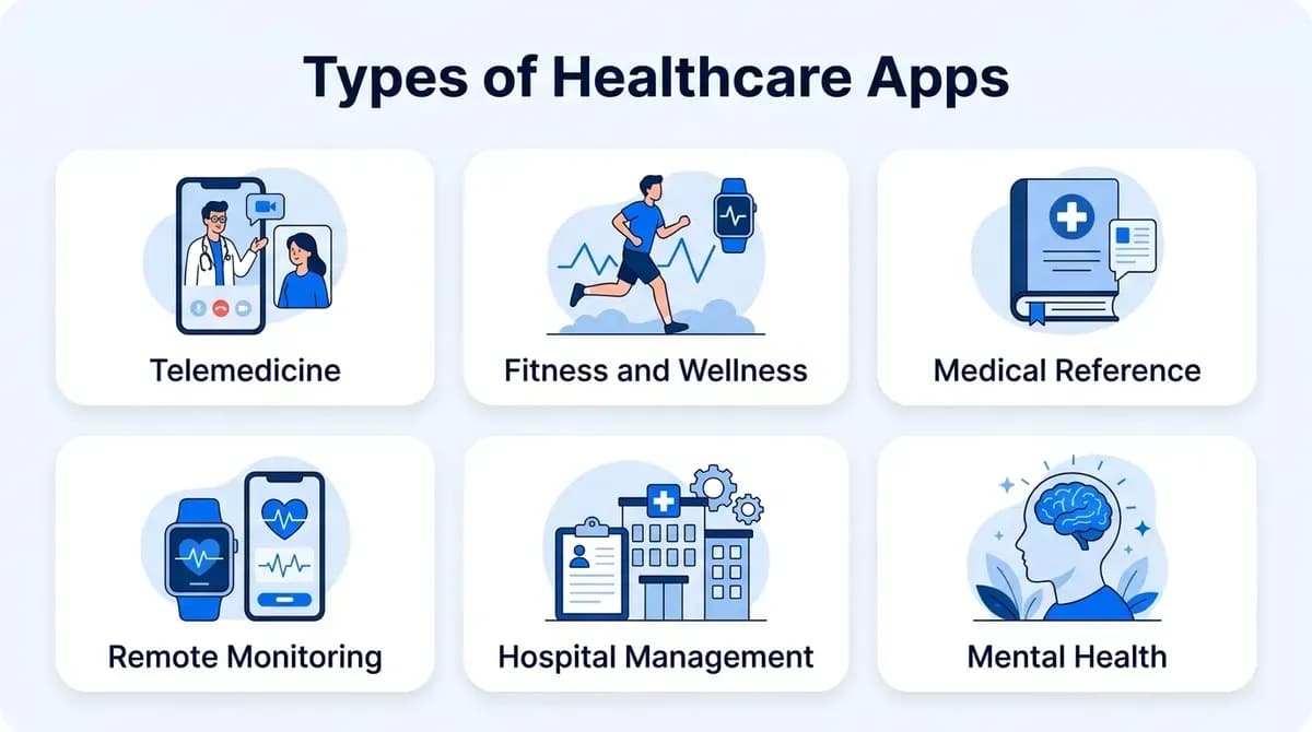 Types of healthcare apps: telemedicine, fitness and wellness, medical reference, remote monitoring, hospital management and mental health