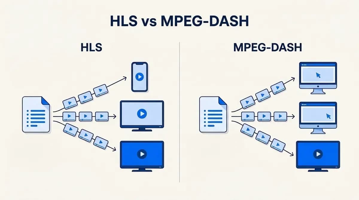 HLS vs MPEG-DASH: both deliver video as small segments listed in a playlist or manifest