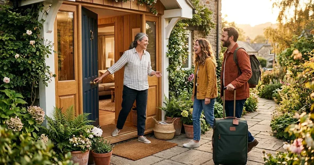 Host welcoming travelers at the door of a vacation home