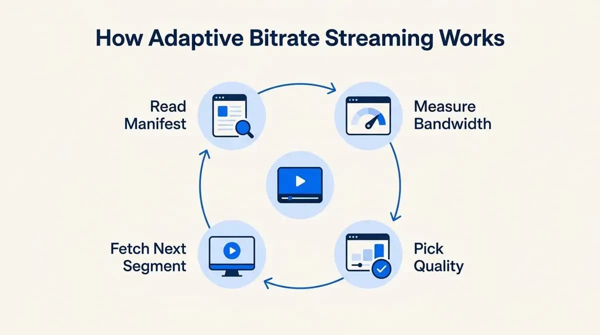 How adaptive bitrate streaming works: read manifest, measure bandwidth, pick quality, fetch next segment