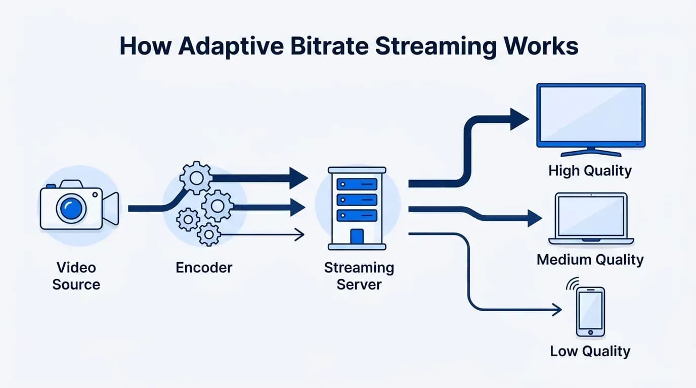 How adaptive bitrate streaming works: one source is encoded into high, medium and low quality streams, and each viewer gets the one their connection can handle