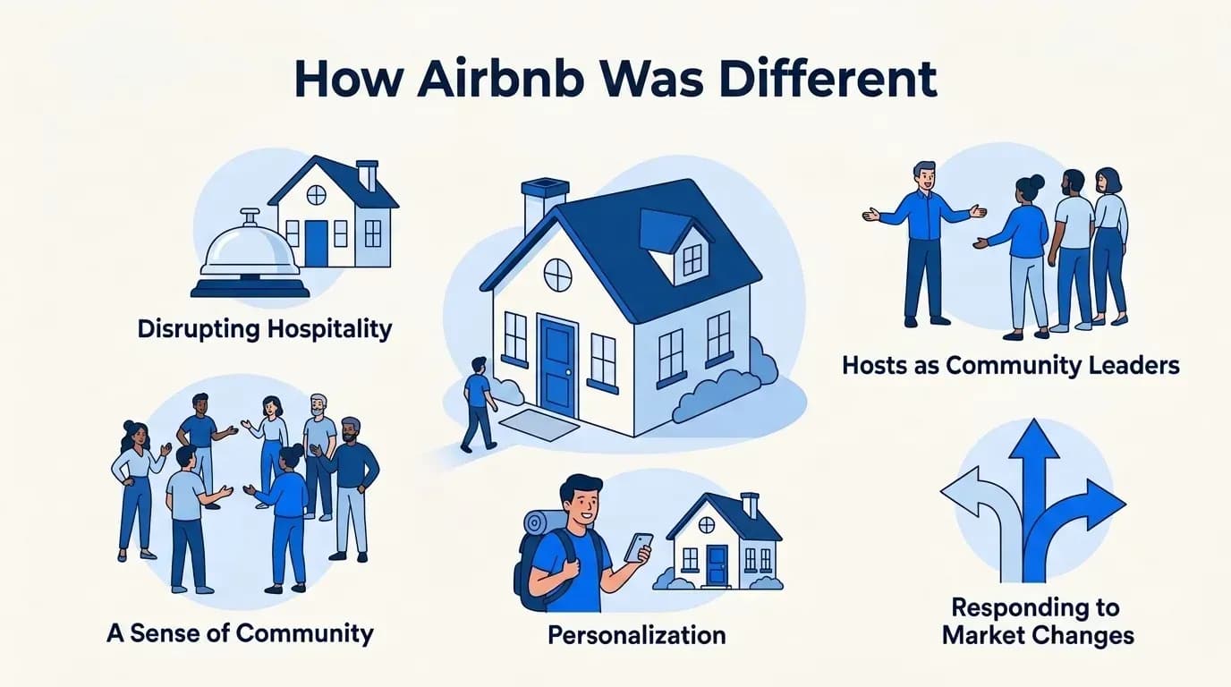 How Airbnb was different: disrupting hospitality, hosts as community leaders, a sense of community, personalization and responding to market changes