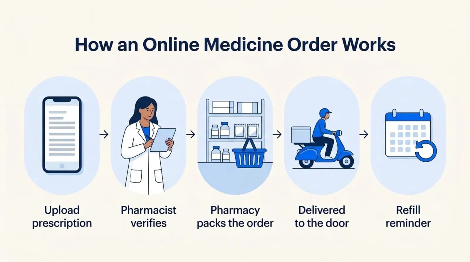 How an online medicine order works: upload prescription, pharmacist verifies, pharmacy packs the order, delivered to the door, refill reminder