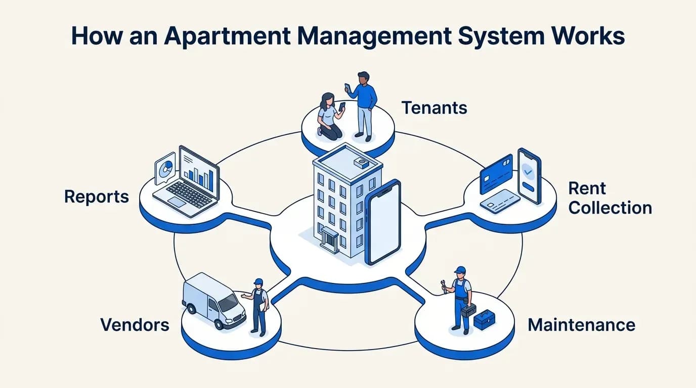 How an apartment management system works: tenants, rent collection, maintenance, vendors and reports in one app