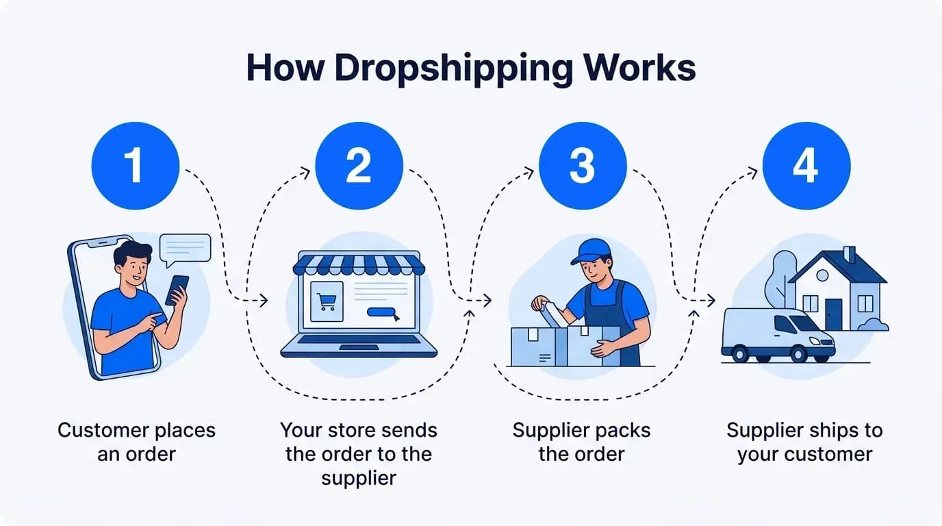 How dropshipping works: customer orders, your store forwards the order, the supplier packs and ships it