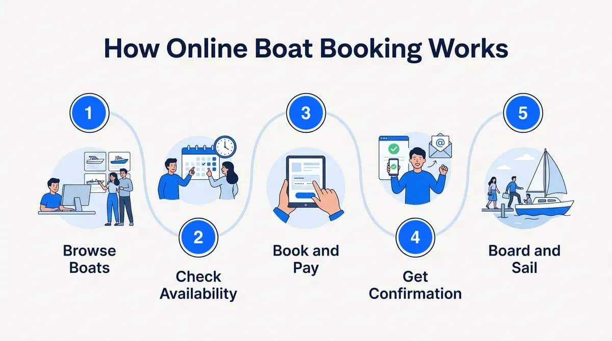 How online boat booking works: browse boats, check availability, book and pay, get confirmation, board and sail