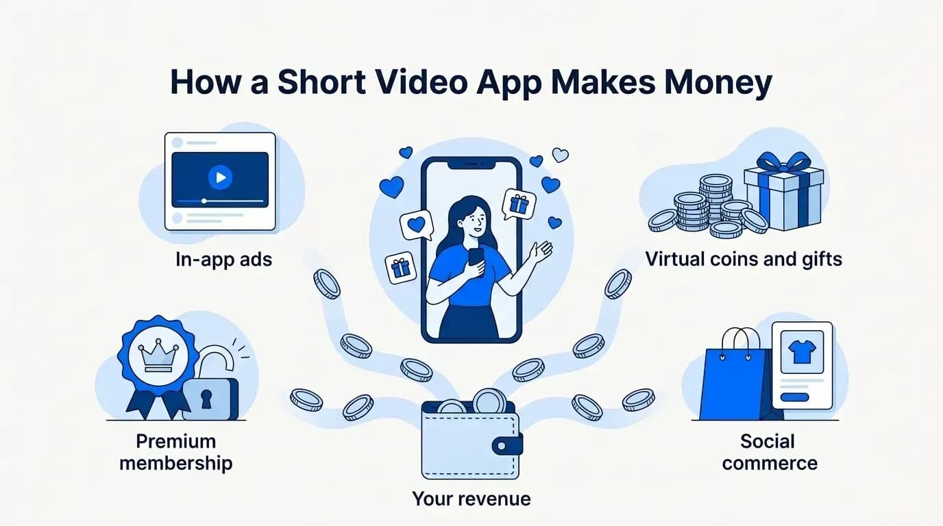 How a short video app makes money: in-app ads, virtual coins and gifts, premium membership and social commerce