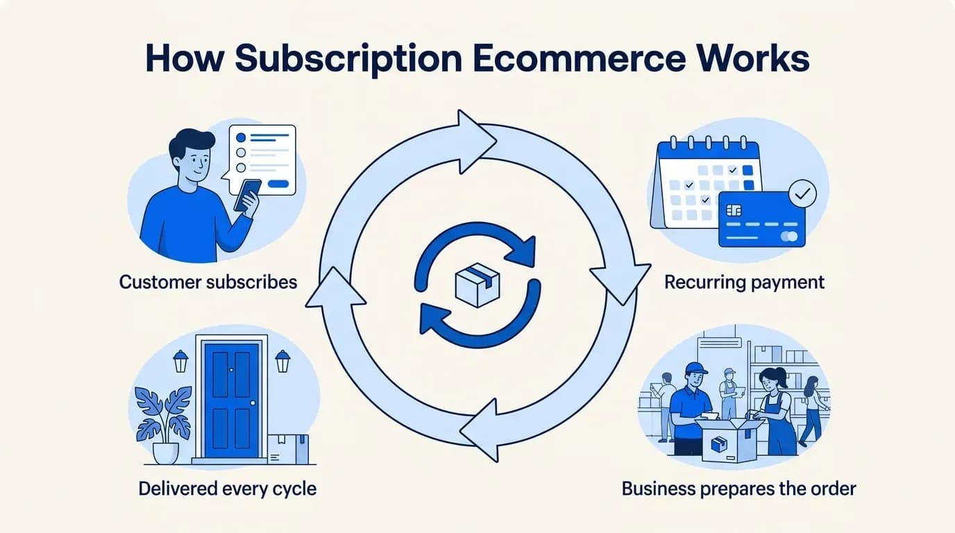 How subscription ecommerce works: the customer subscribes, pays automatically, the business prepares the order and it is delivered every cycle