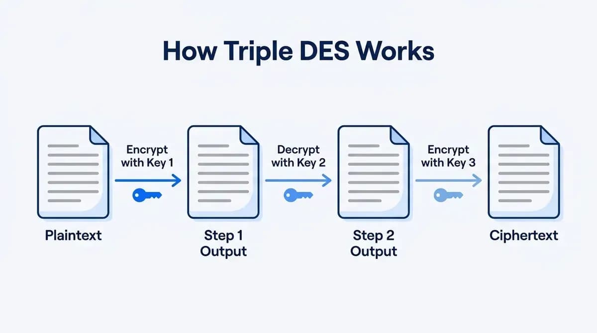 How Triple DES works: encrypt with key 1, decrypt with key 2, encrypt with key 3