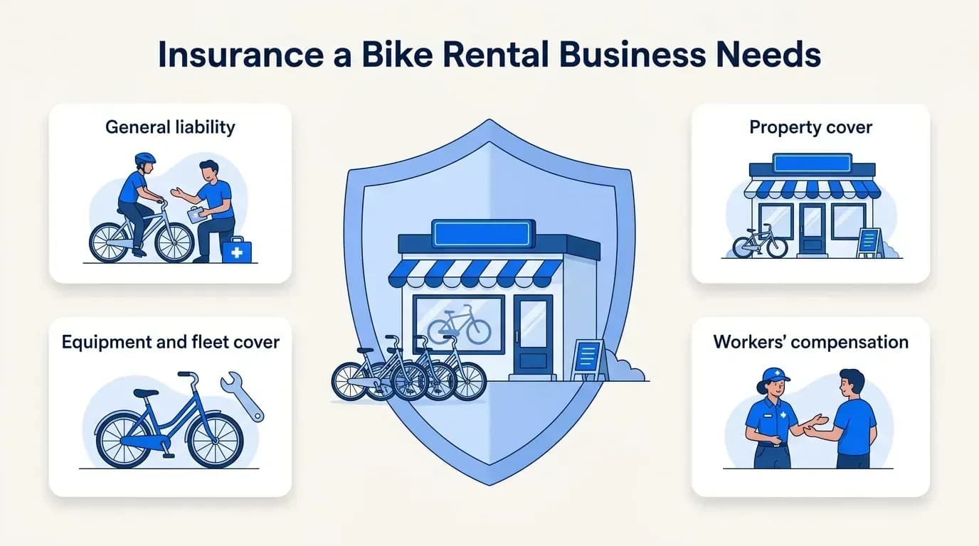 Insurance a bike rental business needs: general liability, property, equipment and fleet cover, and workers' compensation