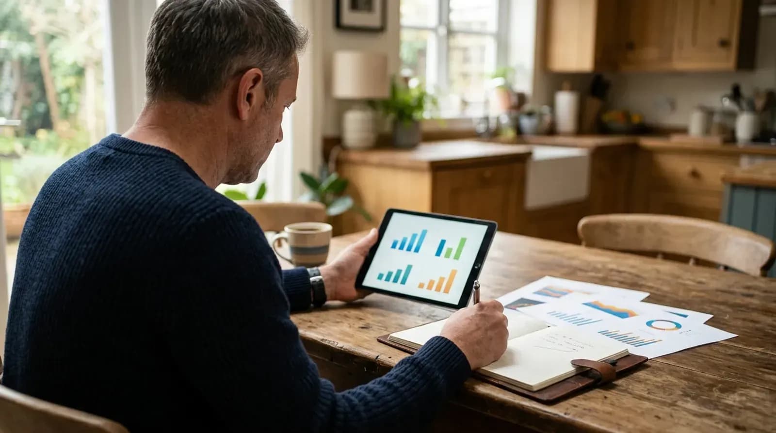 Property investor comparing rental data on a tablet and printed charts