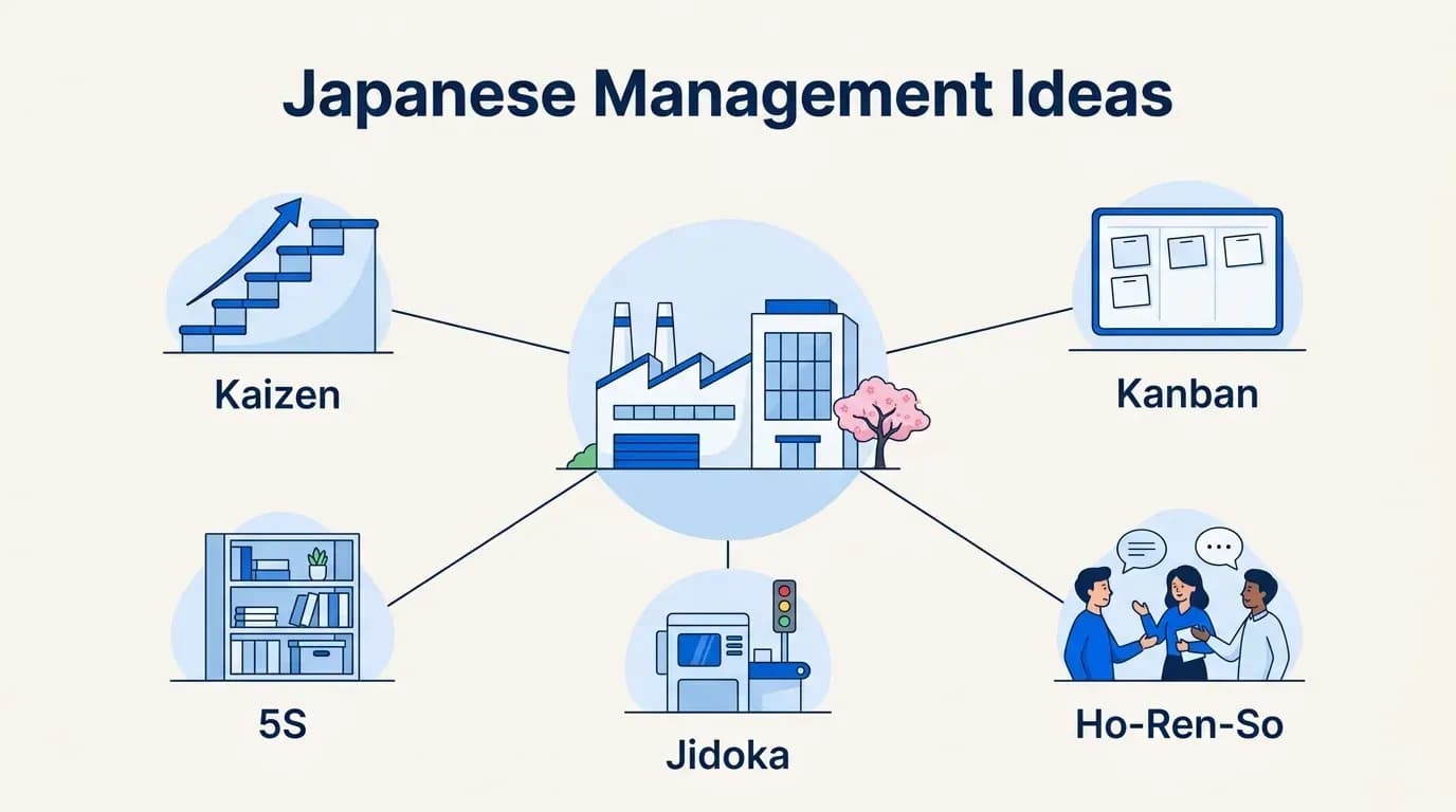 Japanese management ideas: Kaizen, Kanban, Ho-Ren-So, Jidoka and 5S