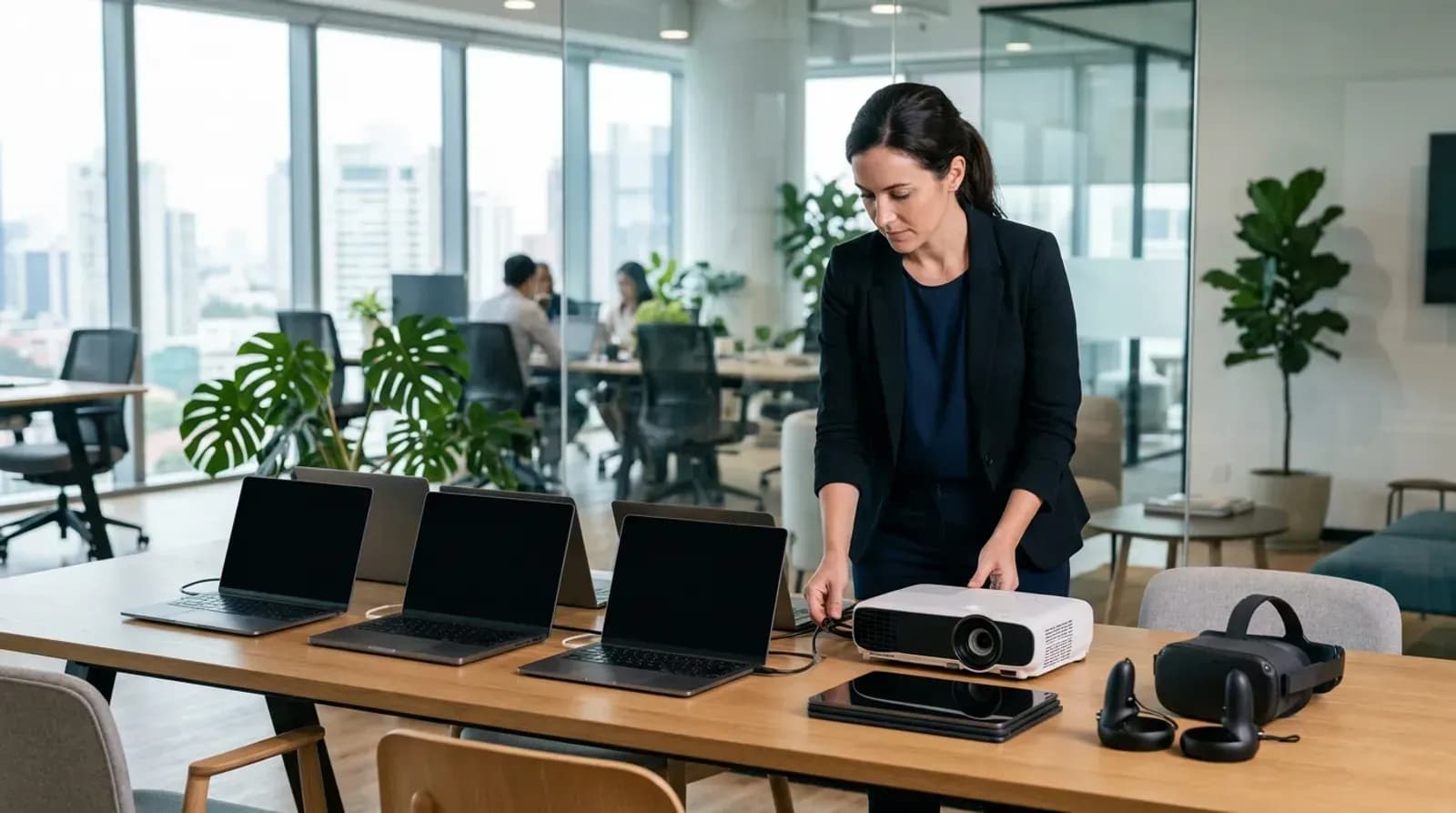 Laptops, a projector, tablets and a VR headset prepared for business rental