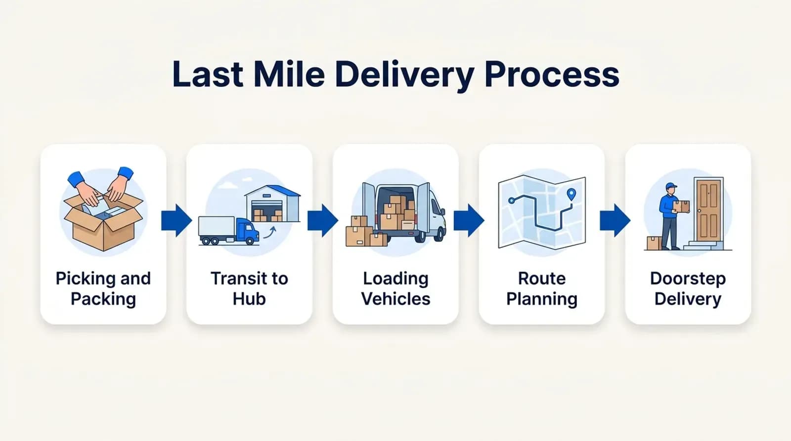 Last mile delivery process: picking and packing, transit to hub, loading vehicles, route planning and doorstep delivery